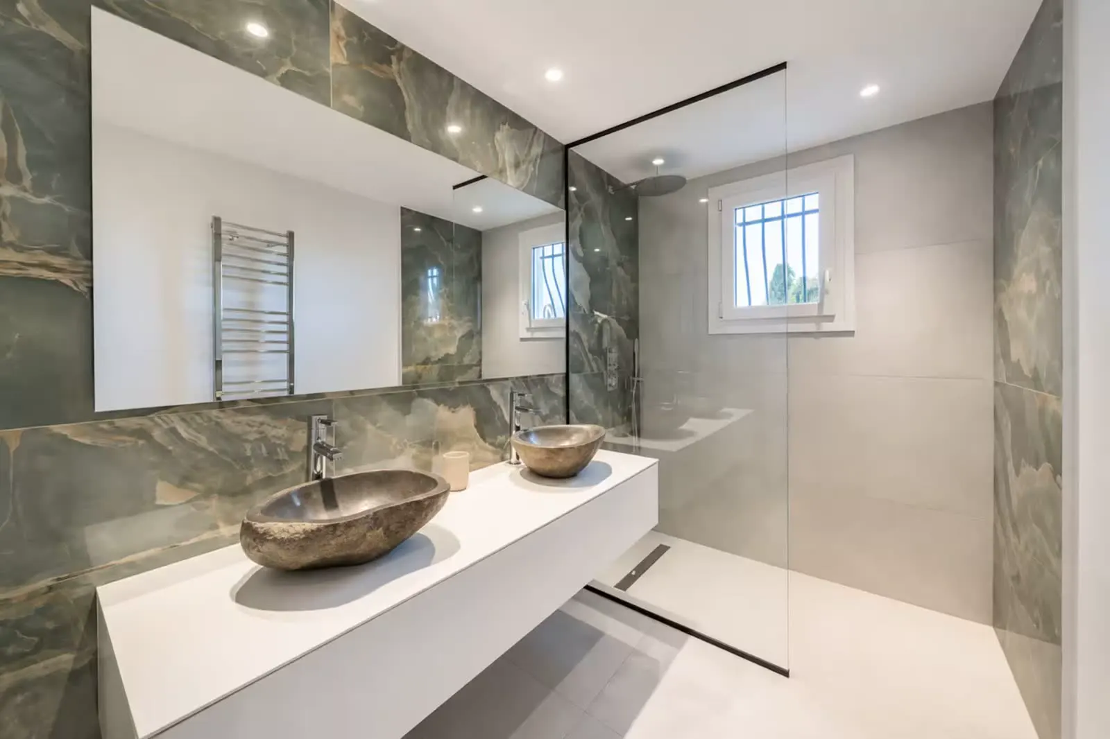 Bathroom with twin stone vessel sinks