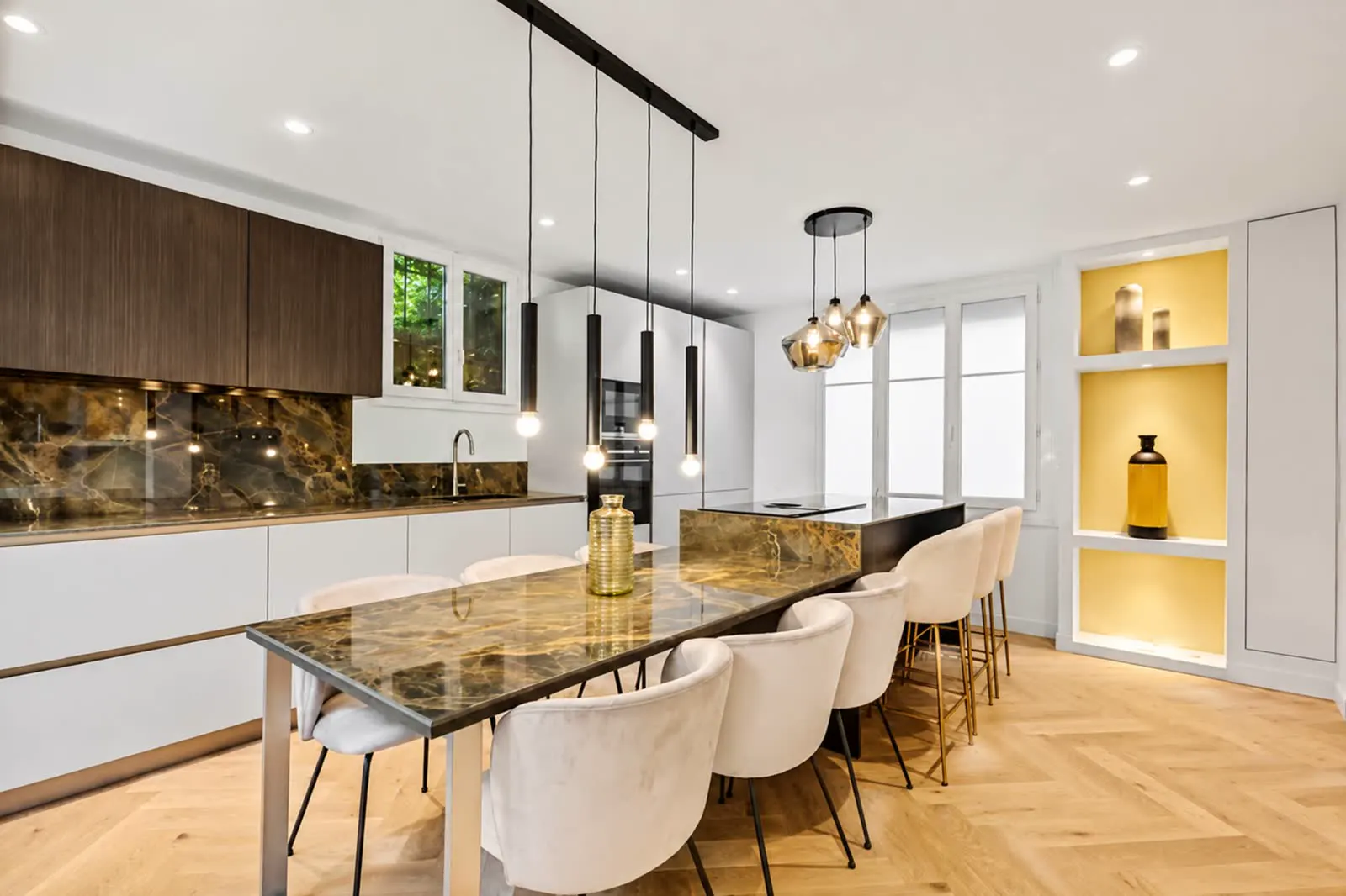 Kitchen and dining table in evening light
